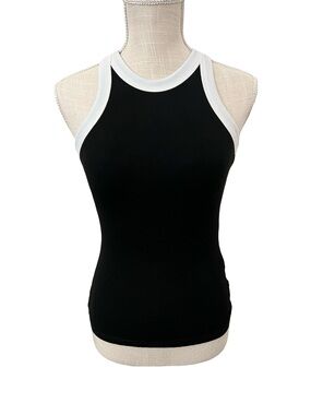 Black Ribbed Tank Top with White Trim - Sleek Racer Neck